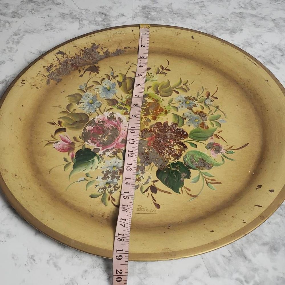 Vintage Nashco Tan and Floral Rustic Round Tray - Picture 8 of 13